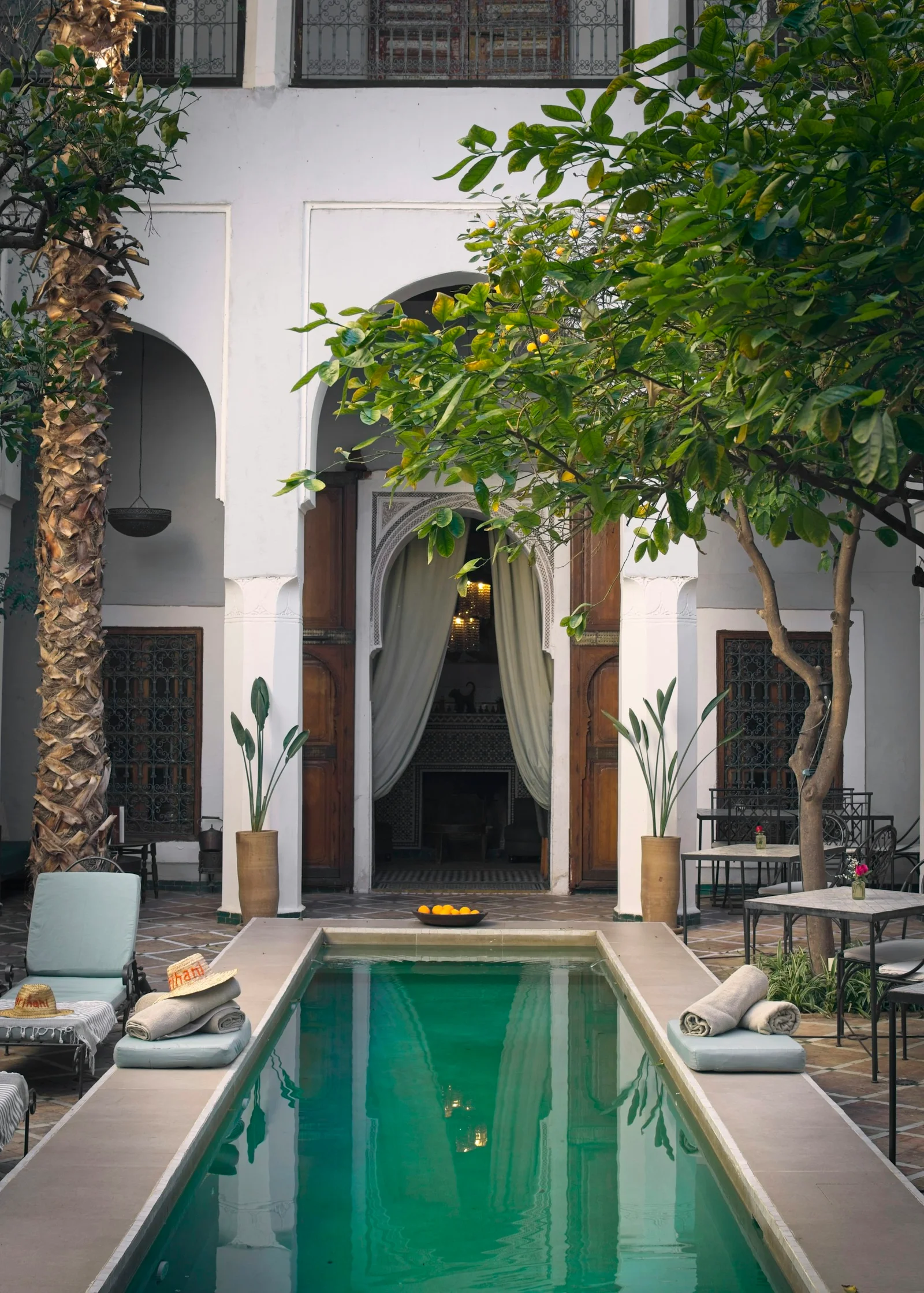 A quiet courtyard and pool at Riad Le Rihani in Marrakech